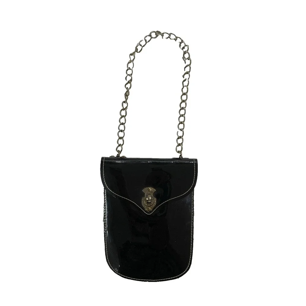 Vtg 1970s Retro Hippie Black Patent Leather Chain‎ Handle Hand Bag Small Purse